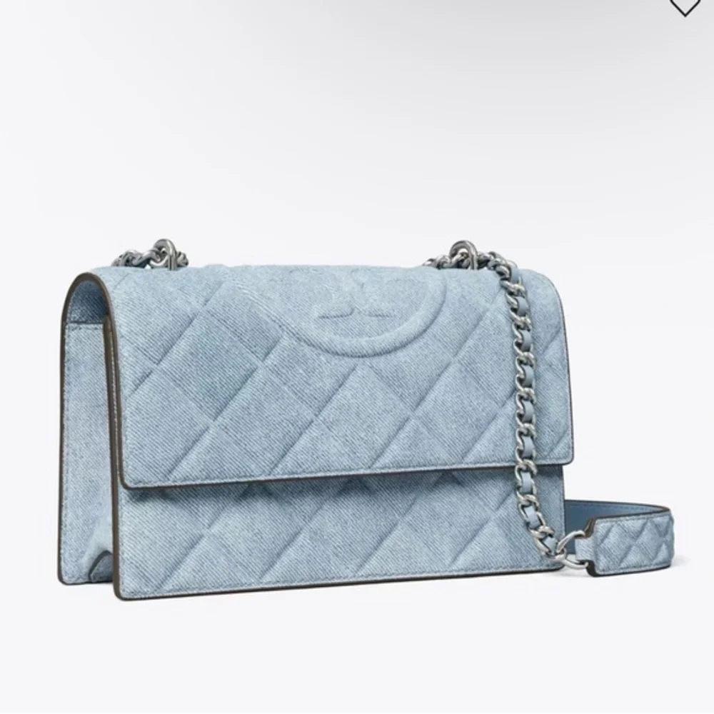 Tory Burch SMALL FLEMING DENIM-PRINT SUEDE SHOULDER BAG
